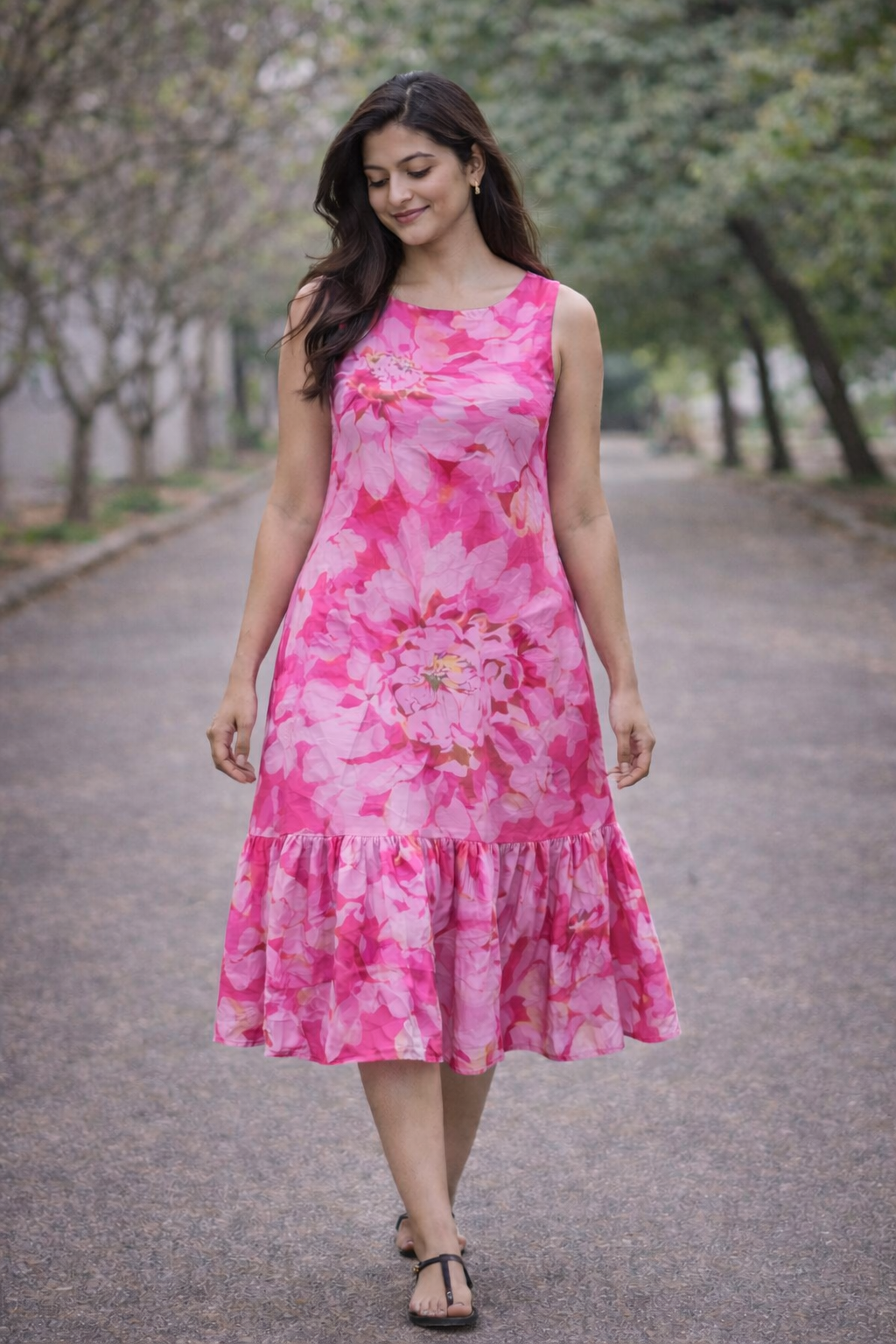 Pink Floral Sleeveless Midi Dress