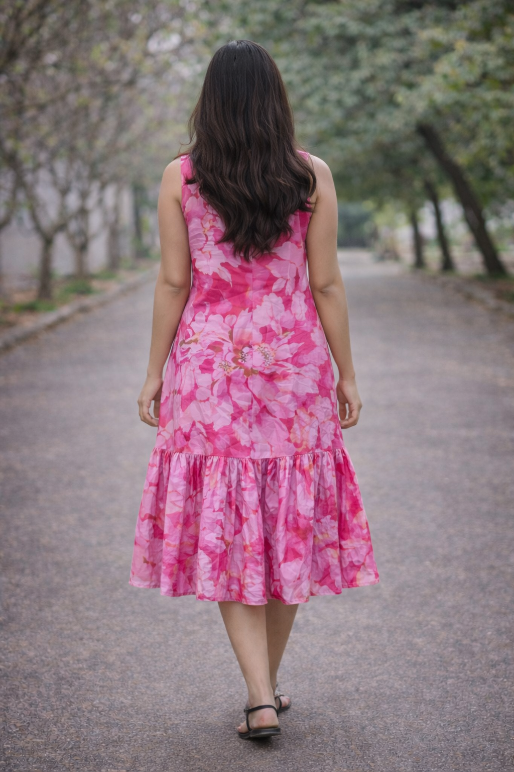 Pink Floral Sleeveless Midi Dress