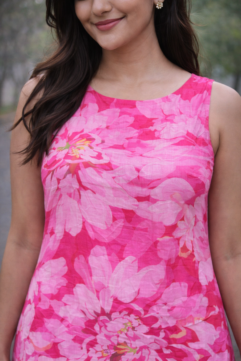 Pink Floral Sleeveless Midi Dress