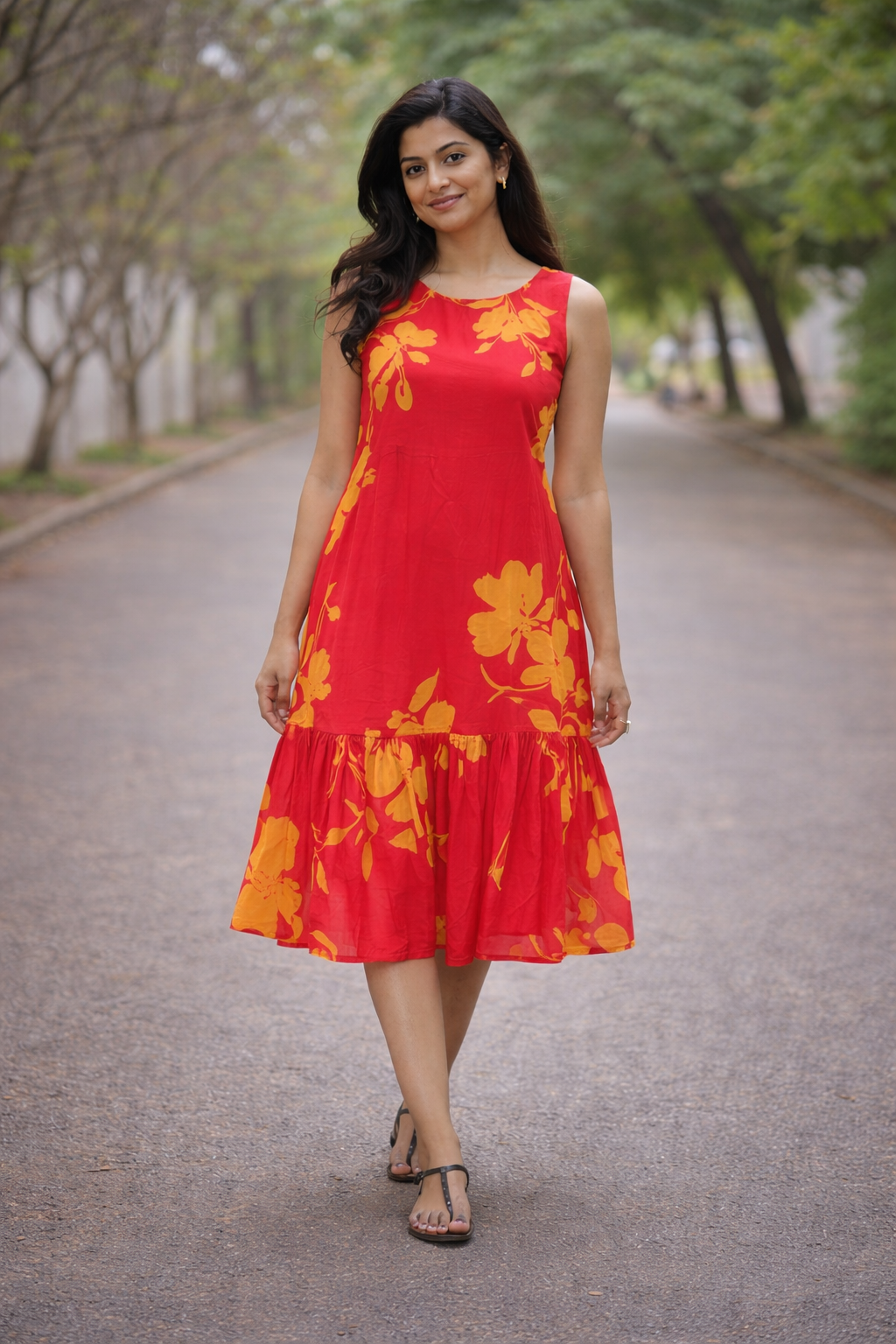 Red Floral Sleeveless Midi Dress