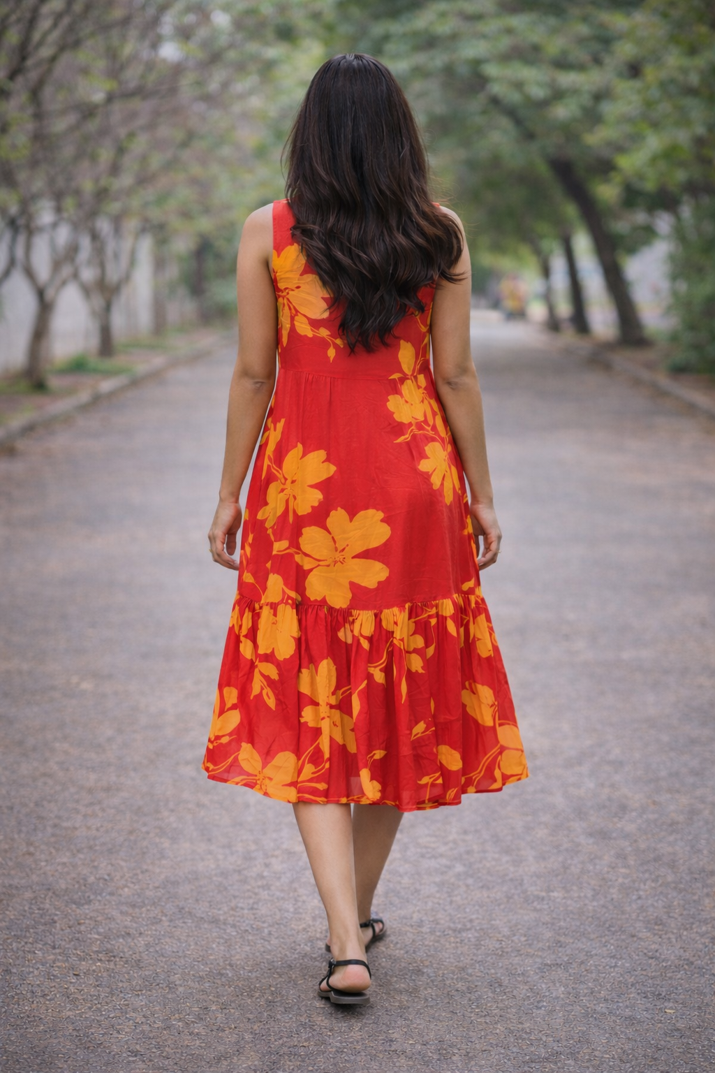 Red Floral Sleeveless Midi Dress