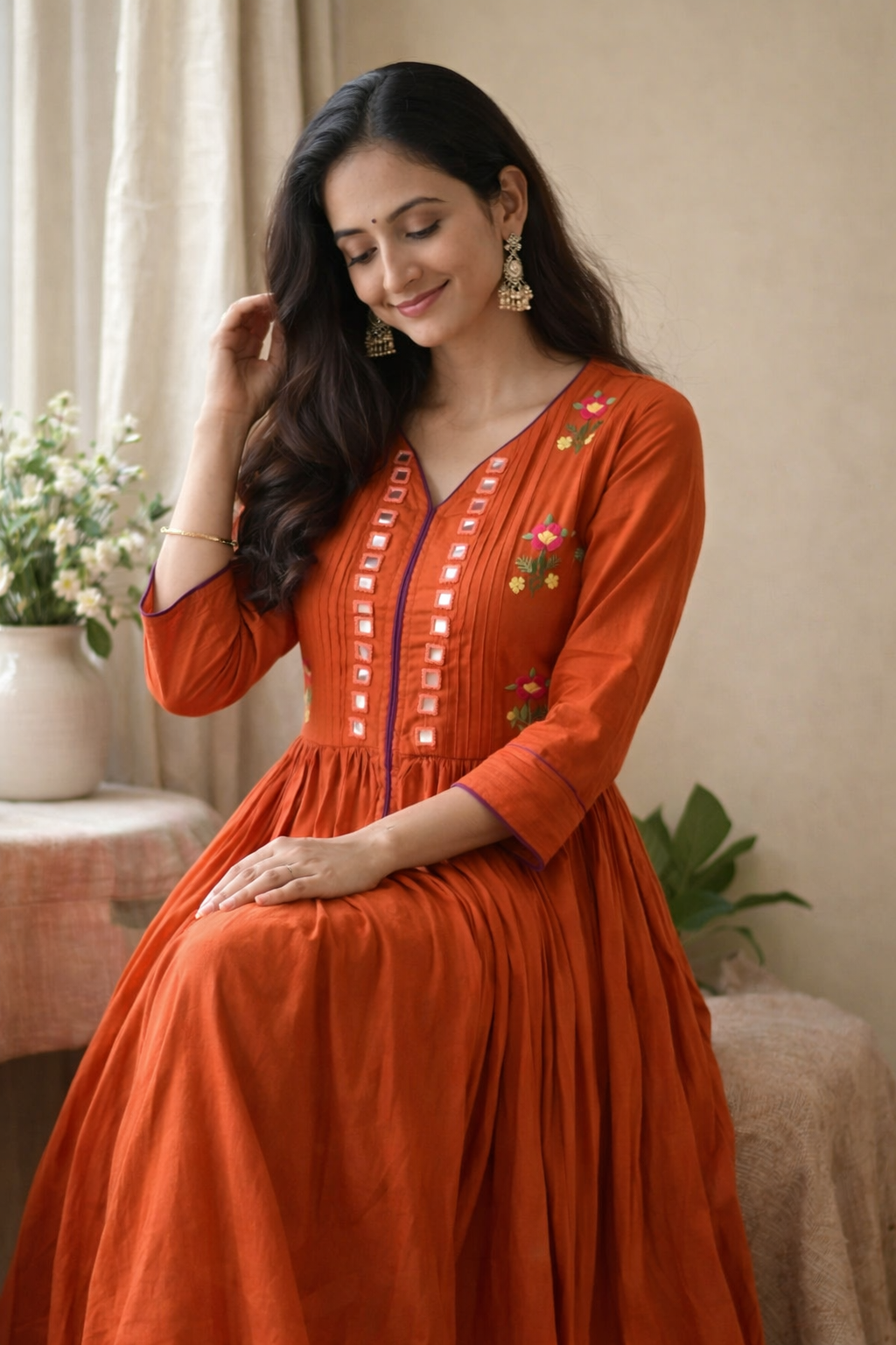 Rust Mulmul Hand-Embroidered Mirror Work Dress