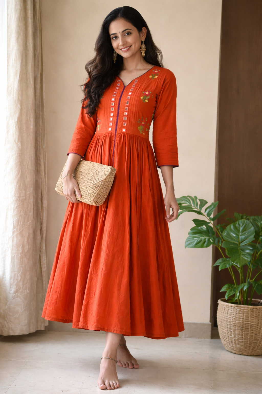 Rust Mulmul Hand-Embroidered Mirror Work Dress