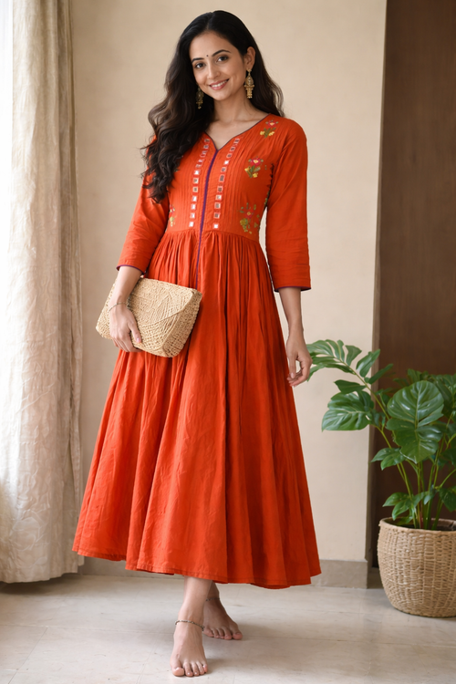 Rust Mulmul Hand-Embroidered Mirror Work Dress