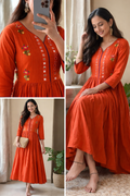 Rust Mulmul Hand-Embroidered Mirror Work Dress