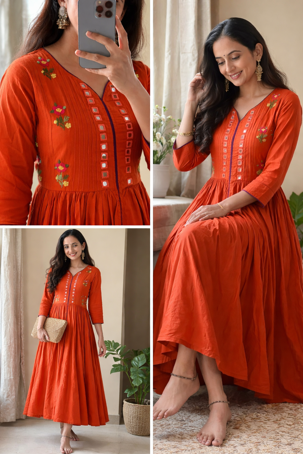 Rust Mulmul Hand-Embroidered Mirror Work Dress