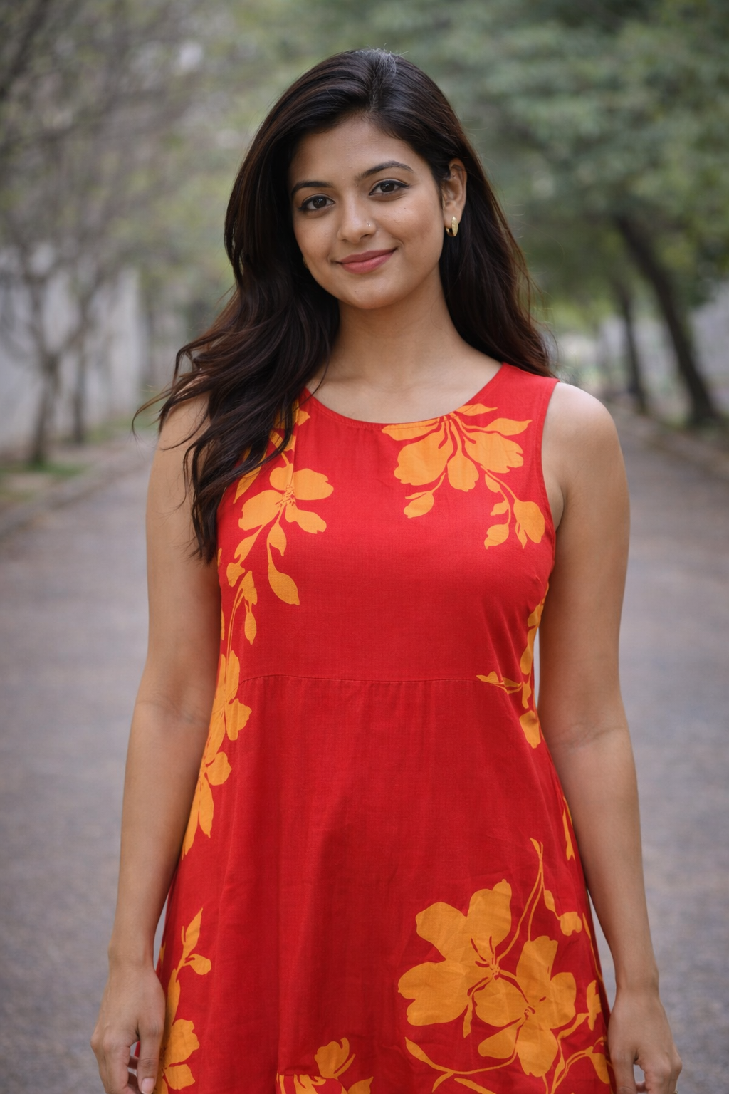 Red Floral Sleeveless Midi Dress